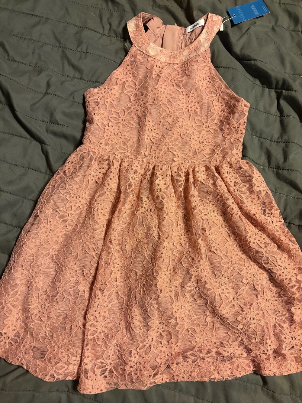 Girls Peach Lace Halter Dress